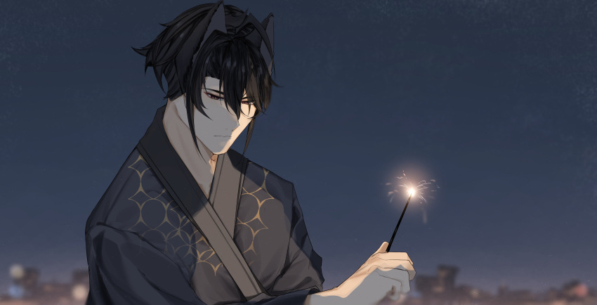 1boy, 4reiji, absurdres, animal_ears, black_hair, blurry, blurry_background, brown_eyes