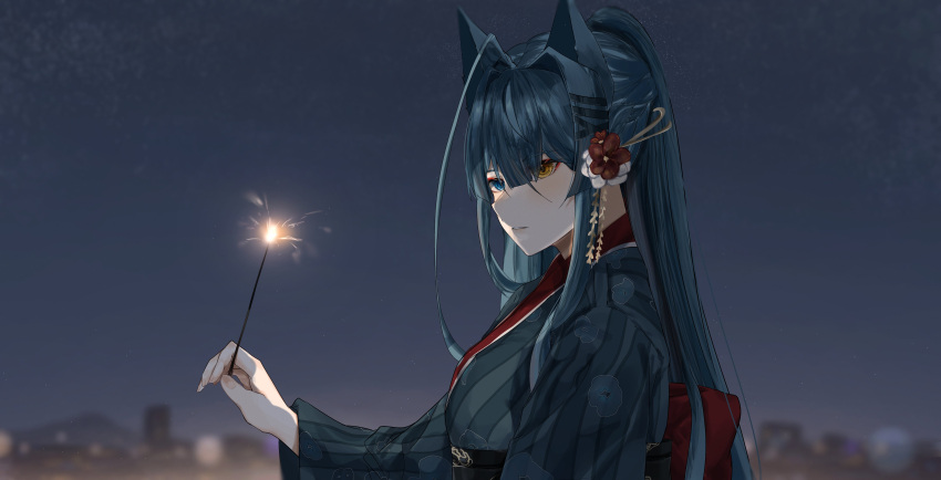 1girl, 4reiji, absurdres, animal_ears, black_sash, blue_eyes, blue_hair, blue_kimono