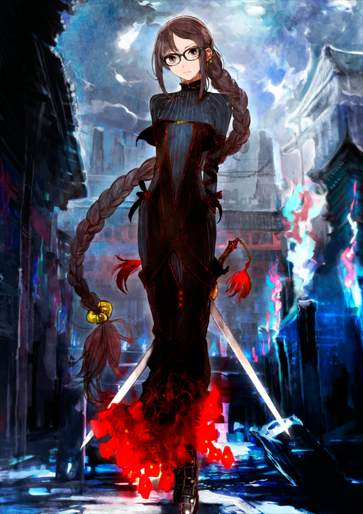 arms_behind_back, black-framed_eyewear, black_dress, blue_dress, boots, braid, breasts, brown_boots