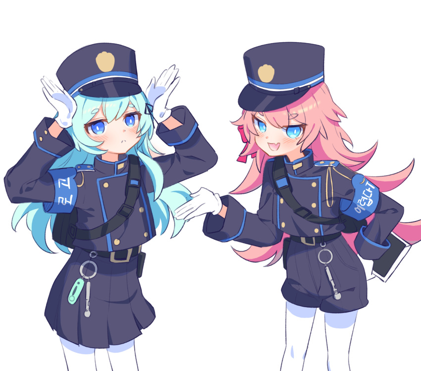 2girls, armband, blue_archive, blue_armband, blue_eyes, blue_hair, blue_jacket, blue_shorts