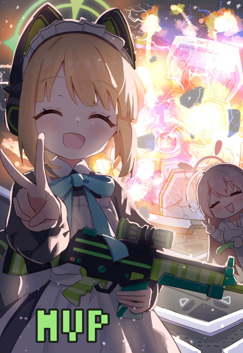 2girls, :d, =_hair_ornament, ^_^, ahoge, animal_ear_headphones, animal_ears, apron