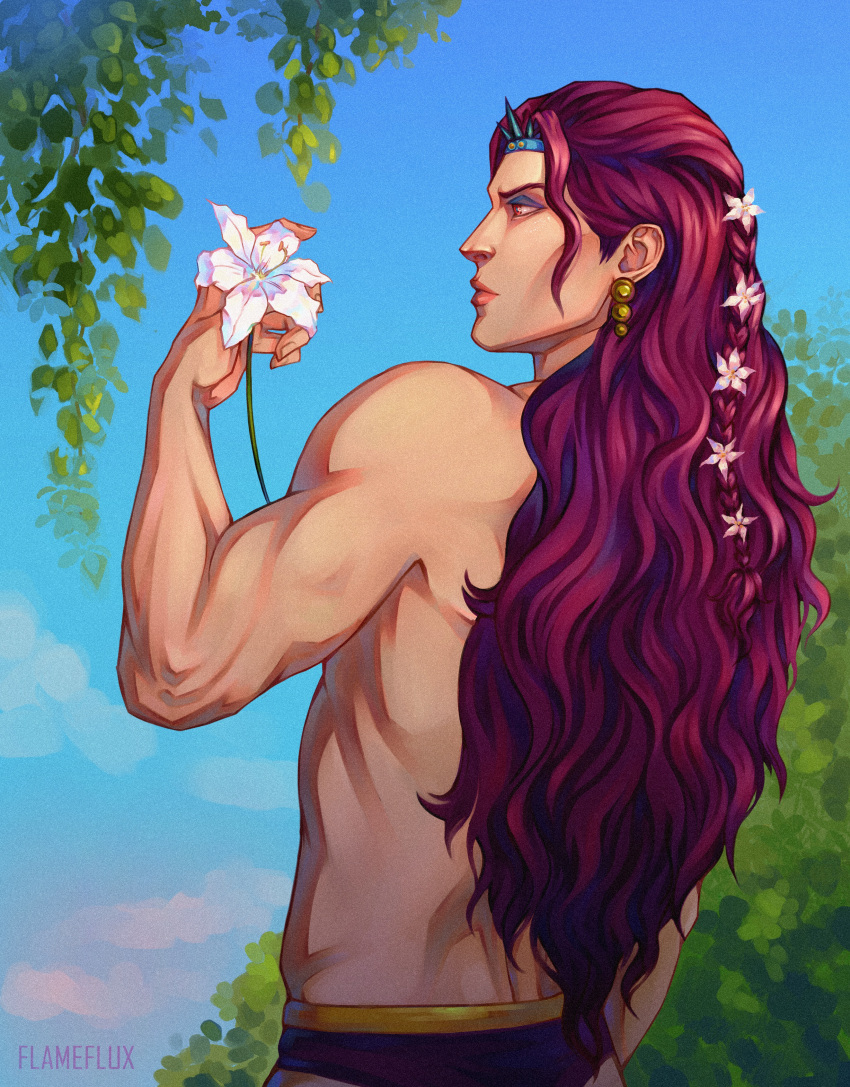 absurdres, bare_arms, bare_shoulders, earrings, flameflux, flower, hair_flower, hair_ornament