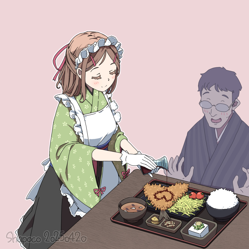 1boy, 1girl, apron, artist_name, blush, bottle, bowl, brown_hair