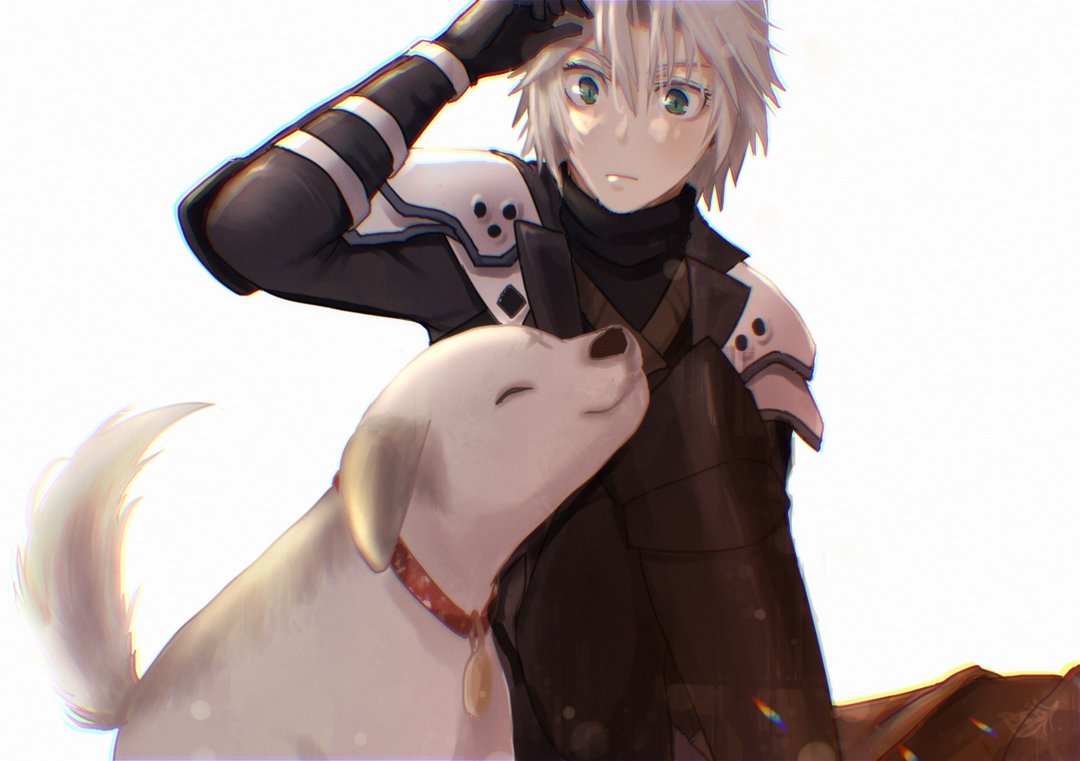 1boy, animal_collar, aquaetventus, arm_armor, armor, black_boots, black_coat, black_gloves