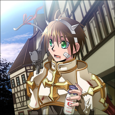 1boy, animal_on_shoulder, antenna_hair, armor, bandaid, bandaid_on_cheek, bandaid_on_face, black_cat, blue_sky, bottle, breastplate, brown_gloves, brown_hair, building, cape, cat, cat_on_shoulder, clouds, commentary_request, cone_horns, cross, day, fake_horns, fingerless_gloves, gloves, green_eyes, grey_horns, holding, holding_bottle, horns, lord_knight_(ragnarok_online), lowres, male_focus, milk_bottle, open_mouth, outdoors, pauldrons, ragnarok_online, rainbow, red_cape, sasqua, short_hair, shoulder_armor, sky, solo, spiked_gauntlets, tree, upper_body