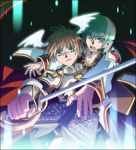 armor, book, breastplate, brown_hair, cape, closed_mouth, coat, commentary_request, cross, feathered_wings, gold_trim, green_eyes, green_hair, head_wings, high_priest_(ragnarok_online), holding, holding_book, holding_sword, holding_weapon, long_sleeves, looking_at_viewer, lord_knight_(ragnarok_online), magic, male_focus, multicolored_coat, open_mouth, pauldrons, ragnarok_online, rapier, red_cape, red_coat, sasqua, short_hair, shoulder_armor, sword, two-tone_coat, upper_body, weapon, white_coat, white_wings, wings