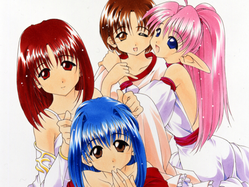 3girls, atelier-moo, bare_shoulders, blue_eyes, blue_hair, brown_eyes, brown_hair, closed_mouth, collarbone, cowboy_shot, detached_sleeves, elf, frone_treatia, hair_between_eyes, high_ponytail, hug, long_hair, long_pointy_ears, looking_at_viewer, multiple_girls, non-web_source, one_eye_closed, open_mouth, patty_sole, pink_hair, pointy_ears, ponytail, red_eyes, red_hair, short_hair, simple_background, skirt, smile, standing, tisse_diarec, upper_body, vanessa_worren, very_long_hair, white_background, yuukyuu_gensoukyoku, yuukyuu_gensoukyoku_3_perpetual_blue