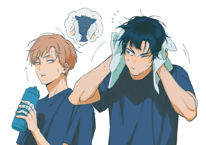 2boys, 8k_oxo7410, animal, bandaged_fingers, bandages, black_hair, blue_shirt, blush