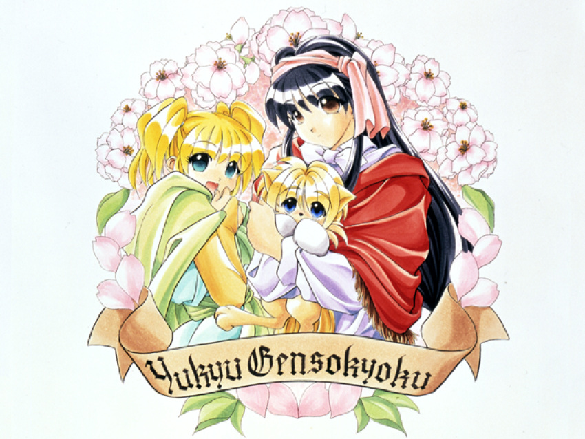 2girls, animal, atelier-moo, black_hair, blonde_hair, blouse, bridal_gauntlets, brown_eyes