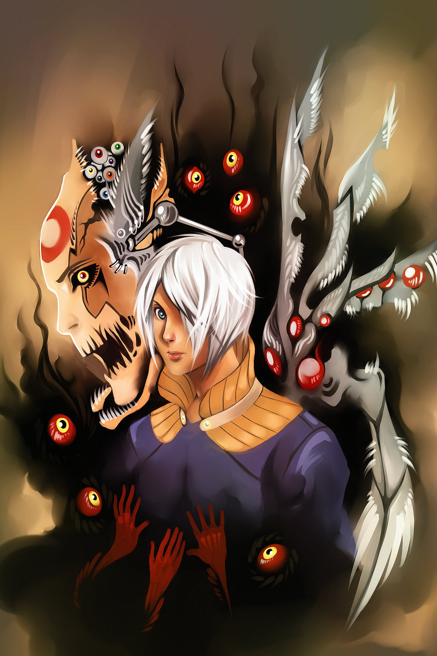 1boy, blue_coat, blue_eyes, brown_background, closed_mouth, coat, colored_sclera, demon, hair_between_eyes, hair_over_one_eye, highres, kebzero, kiel-d-01, long_bangs, looking_at_viewer, male_focus, mask, ragnarok_online, red_sclera, short_hair, smile, solo, third-party_source, upper_body, white_hair, yellow_eyes