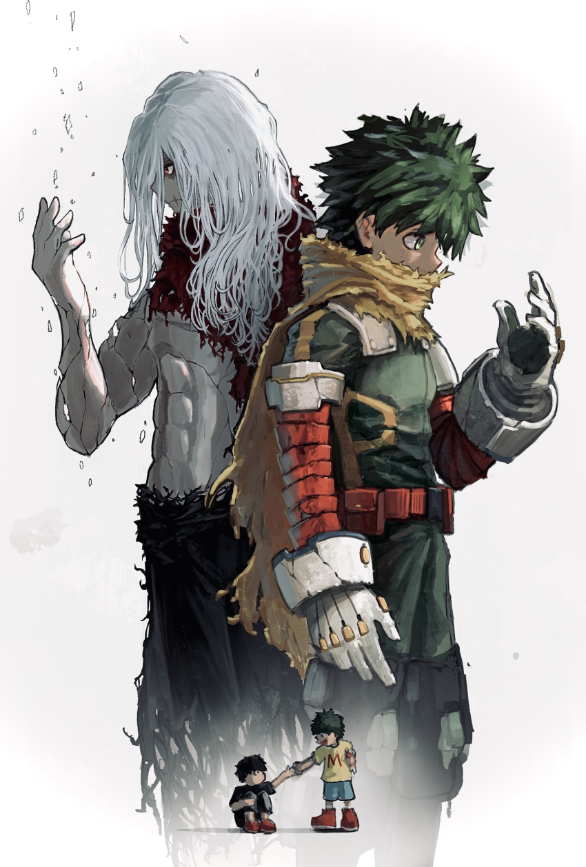 2boys, abs, absurdres, age_comparison, arm_at_side, belt, black_pants, black_shirt