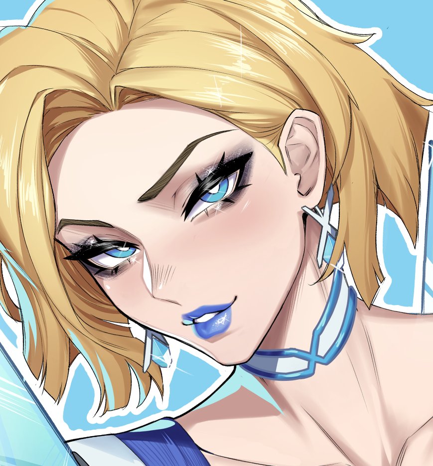 1girl, black_eyeshadow, blonde_hair, blue_background, blue_eyes, blue_lips, blue_trim, blush