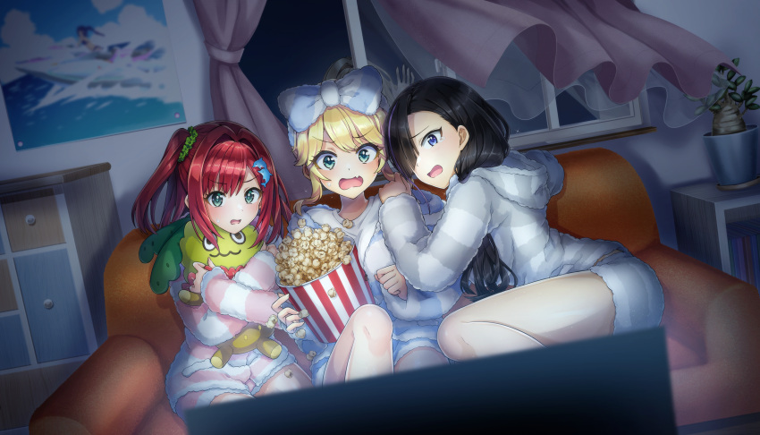 4girls, black_hair, blonde_hair, blue_eyes, coach, dolphin_hair_ornament, dolphin_wave, fang