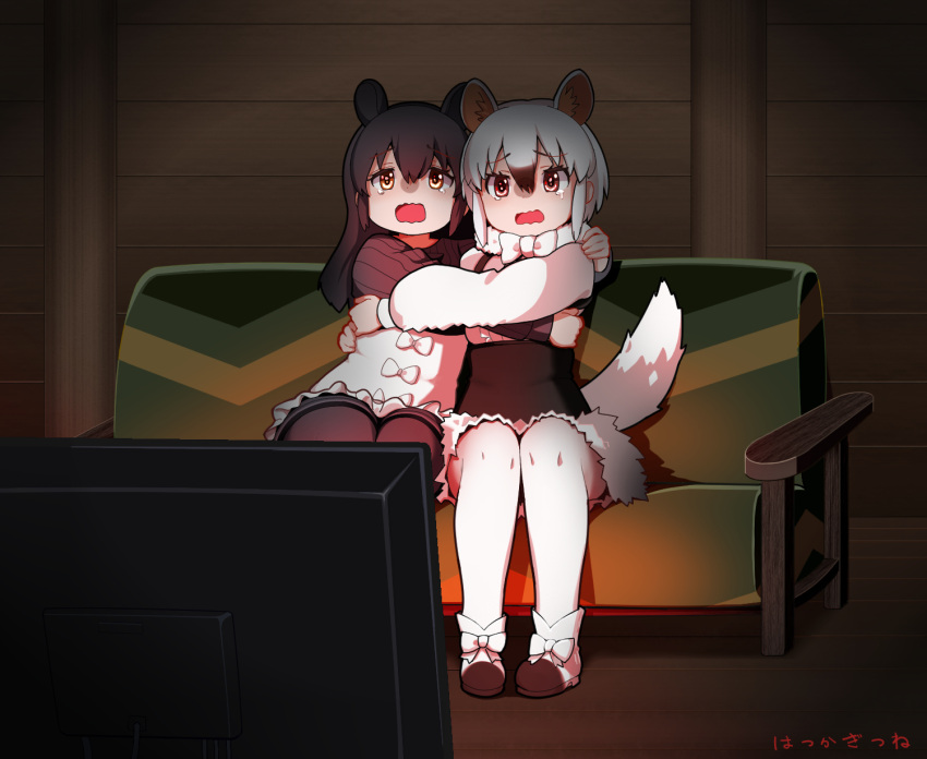 2girls, animal_ears, anteater_ears, anteater_tail, artistkitune19, black_boots, black_corset, black_hair