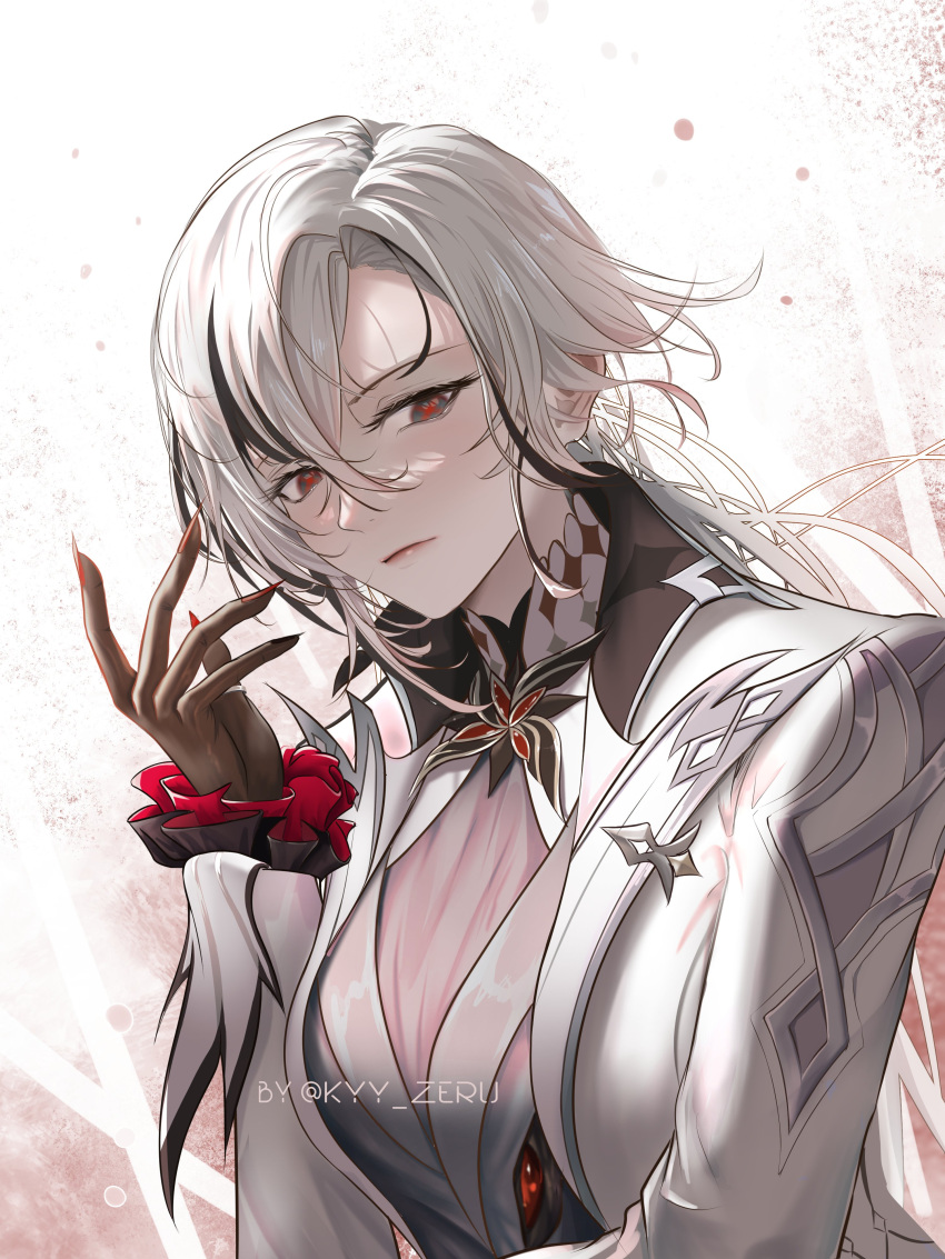 1girl, absurdres, arlecchino_(genshin_impact), black_gloves, curtained_hair, frilled_sleeves, frills, genshin_impact, gloves, hair_between_eyes, highres, jacket, jewelry, kyy_zeru, long_hair, multicolored_hair, red_lips, ring, sideways_glance, solo, streaked_hair, suit_jacket, symbol-shaped_pupils, upper_body, white_hair, white_jacket, wolf_cut, x-shaped_pupils