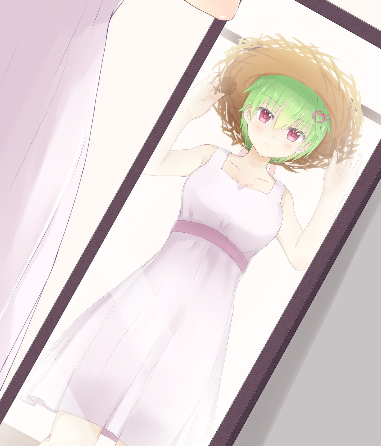 1girl, alternate_costume, bare_arms, blush, breasts, closed_mouth, collarbone, commentary_request