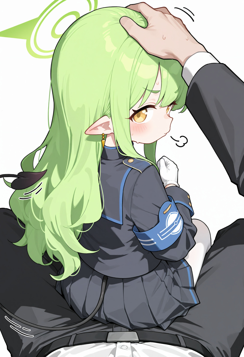1boy, 1girl, absurdres, ai-assisted, armband, belt, black_skirt, blue_archive