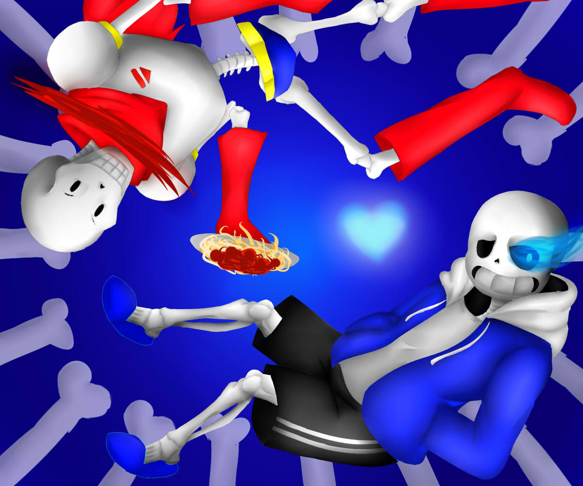 2016, 2boys, 2d, akane-koisumi1800, armor, black_shorts, blue_background, blue_eyes, blue_jacket, blue_shorts, blue_slippers, bone, boots, brothers, cape, digital_media, duo, flaming_eyes, food, full_body, gloves, glowing, glowing_eye, gradient_background, heart, hood, hood_down, hooded_jacket, humanoid, jacket, male, male_only, monster, monster_boy, multiple_boys, no_lineart, open_jacket, papyrus_(undertale), pasta, plate, red_boots, red_cape, red_gloves, sans_(undertale), shirt, shorts, siblings, simple_background, skeleton, slippers, spaghetti, striped_shorts, teeth, undead, undertale, upside-down, white_armor, white_shirt, white_stripes