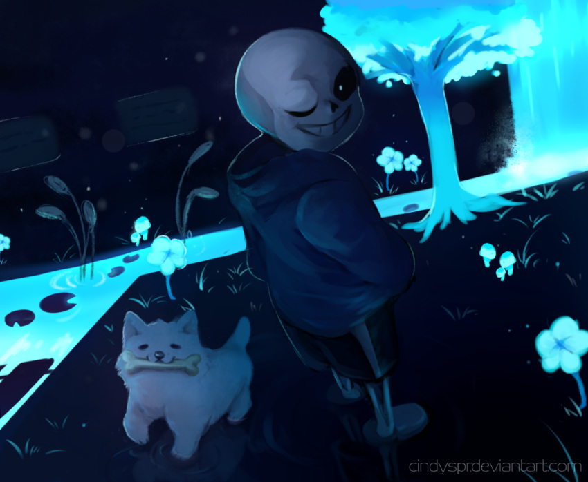 1boy, 2017, 2d, animal, artist_name, black_shorts, blue_flower, blue_jacket, bone, cattail, cindyspr, dark, deviantart_username, digital_media, dog, dutch_angle, echo_flower, flower, glowing, glowing_mushroom, hood, hood_down, hooded_jacket, humanoid, in-universe_location, jacket, lily_pad, looking_at_viewer, looking_back, male, male_only, monster, monster_boy, mushroom, one_eye_closed, outdoors, plant, sans_(undertale), shirt, shorts, skeleton, slippers, solo, standing, striped_shorts, teeth, undead, undertale, water, white_dog, white_shirt, white_stripes
