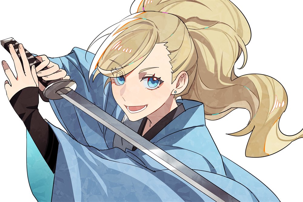 1girl, blue_eyes, blue_kimono, hashtag-only_commentary, holding, holding_sword, holding_weapon, japanese_clothes