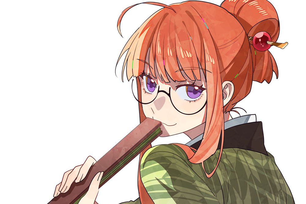 1girl, black-framed_eyewear, fingernails, glasses, green_kimono, hair_ornament, hairpin, hand_fan