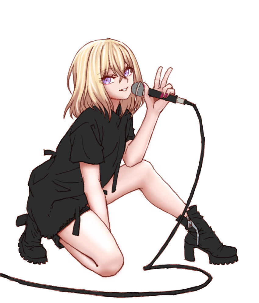 1girl, absurdres, bang_dream!, bang_dream!_it's_mygo!!!!!, black_shirt, black_shoes, blonde_hair, commentary