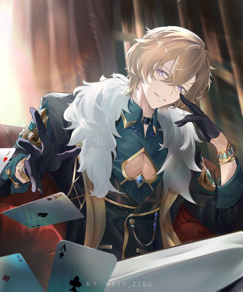 1boy, ace_(playing_card), aventurine_(honkai:_star_rail), belt_collar, black_gloves, blonde_hair, bracelet, card