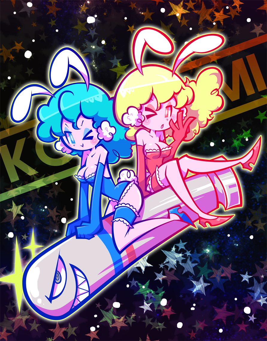2girls, akane_(parodius), animal_ears, blonde_hair, blue_eyes, blue_leotard, breasts, cindysuke