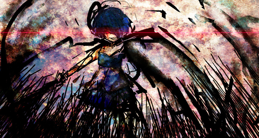 bad_id, blue_hair, grin, kurokii, mahou_shoujo_madoka_magica, miki_sayaka, red_eyes, short_hair