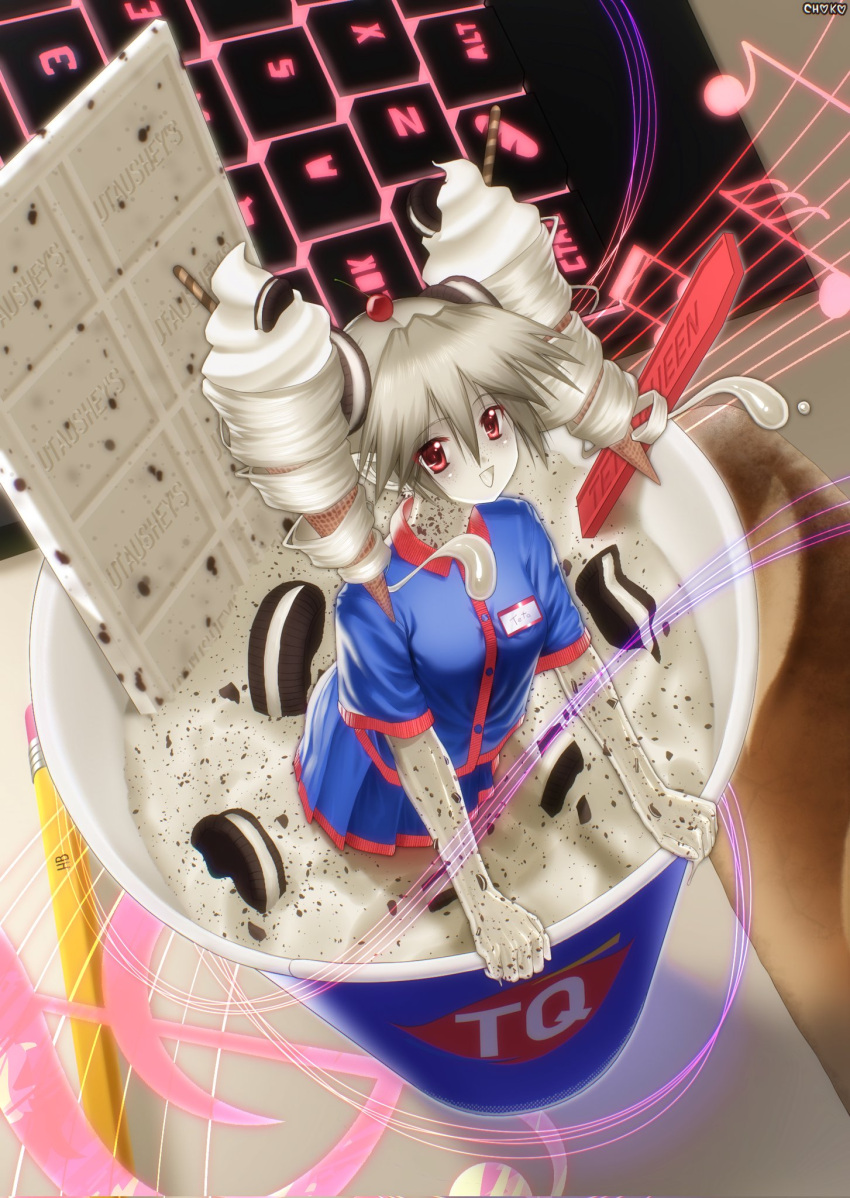 1girl, adapted_uniform, alternate_color, alternate_costume, arm_rest, beamed_eighth_notes, blue_shirt, blue_skirt, blue_sky, candy, cherry, chocolate, chocolate_bar, choko_mami, colored_skin, computer_keyboard, cookie, cookies_&amp;_cream, drill_hair, food, food-themed_hair, from_above, fruit, highres, ice_cream, ice_cream_cone, kasane_teto, looking_at_viewer, musical_note, musical_staff, open_mouth, oreo, pencil, pleated_skirt, police, red_eyes, shirt, short_sleeves, skirt, skirt_set, sky, solo, twin_drills, utau, white_chocolate, white_hair, white_skin