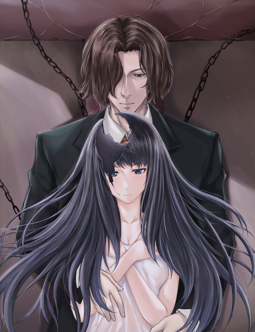 1boy, 1girl, absurdres, black_hair, black_suit, blue_eyes, brown_background, brown_eyes