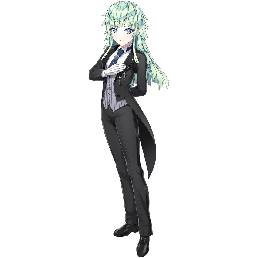 1girl, black_pants, black_suit, blue_eyes, blue_necktie, breasts, butler, crossdressing
