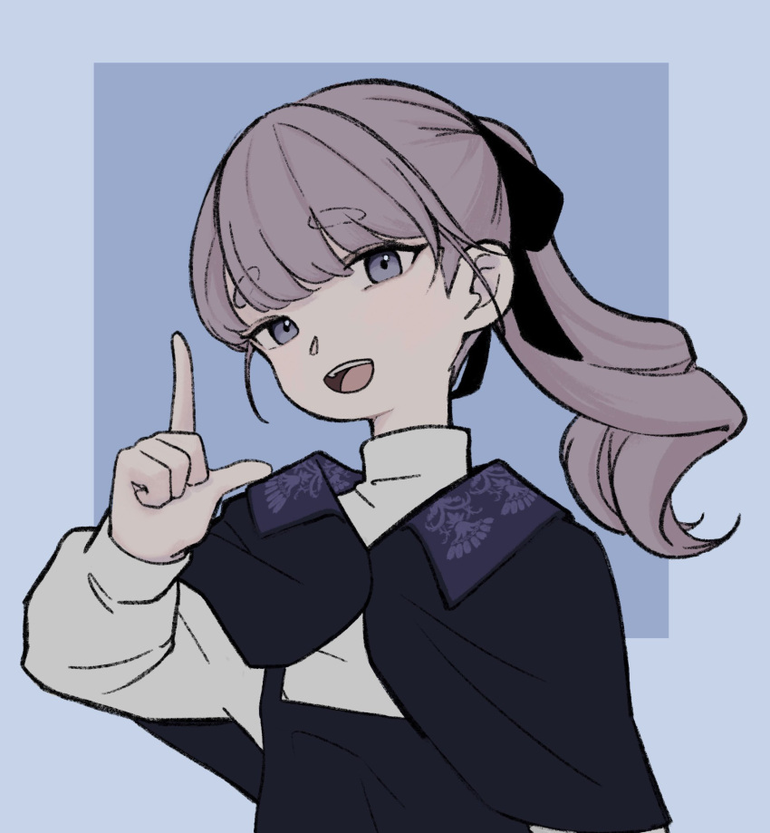 1girl, black_ribbon, black_shawl, brown_hair, derivative_work, hair_ribbon, highres, hoxy256, index_finger_raised, lapwing_(vrchat), open_mouth, ponytail, raised_eyebrows, ribbon, screenshot_redraw, shawl, solo, turtleneck, upper_body, violet_eyes, vrchat