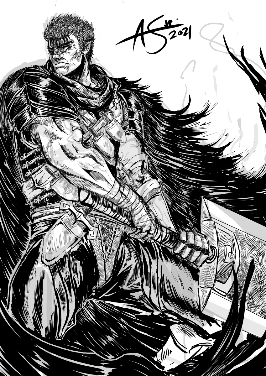 1boy, 2021, anthoniarts, armor, berserk, black_hair, cape, closed_mouth