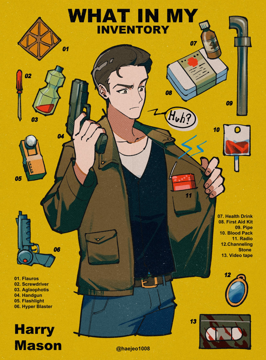 1boy, artist_name, black_shirt, brown_hair, gun, haejeo1008, handgun, harry_mason