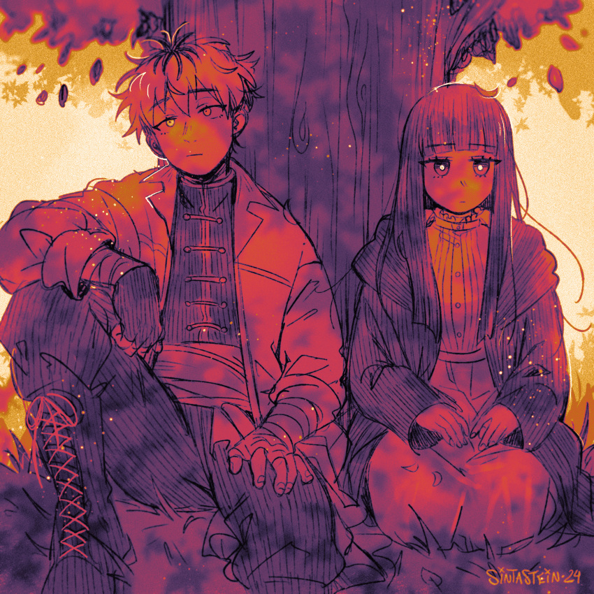 1boy, 1girl, absurdres, against_tree, bandaged_hand, bandages, coat, commentary