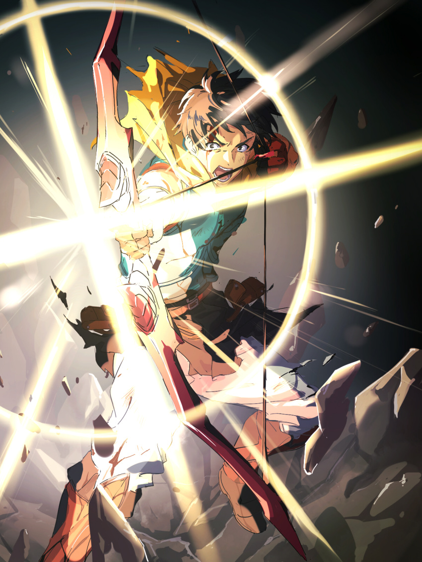 1boy, aqua_armor, arash_(fate), armlet, arrow_(projectile), belt, belt_buckle, blood, blood_on_face, boots, bow_(weapon), brown_hair, buckle, cuirass, debris, drawing_bow, fate/grand_order, fate/prototype, fate/prototype:_fragments_of_blue_and_silver, fate_(series), gloves, highres, holding, holding_bow_(weapon), holding_weapon, incoming_attack, injury, jewelry, looking_at_viewer, male_focus, moyashi_mou2, open_mouth, short_hair, solo, torn_clothes, v-shaped_eyebrows, weapon, yellow_hood