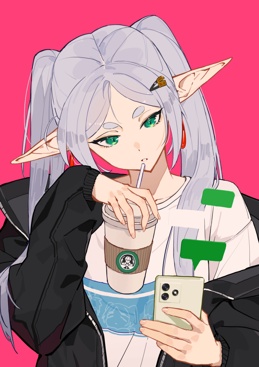 1girl, earrings, elf, frieren, glaw, green_eyes, hair_ornament, hairclip