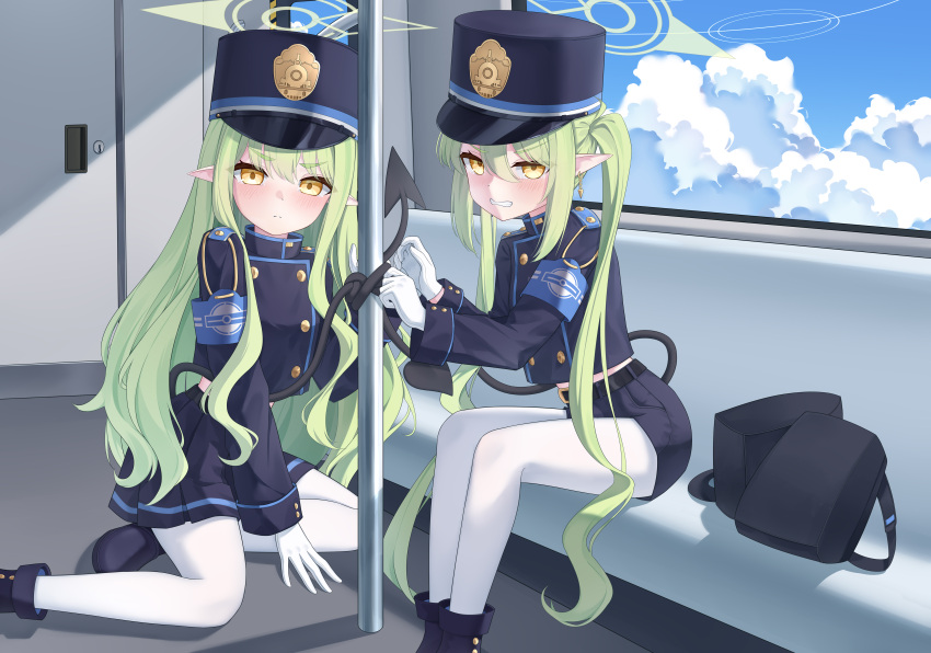 2girls, absurdres, angry, arsenic_(dufw2887), blue_archive, blue_jacket, blue_shorts, blue_skirt
