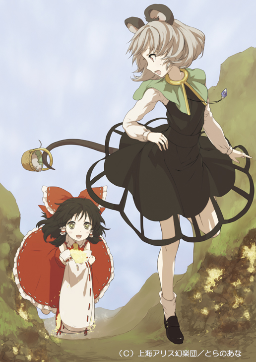 animal_ears, ascot, basket, black_hair, bow, brown_hair, capelet, detached_sleeves