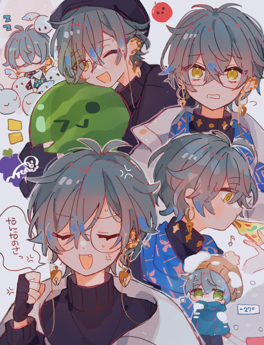 absurdres, anger_vein, beanie, black_gloves, blue_hair, blue_scarf, brown_hair, chibi