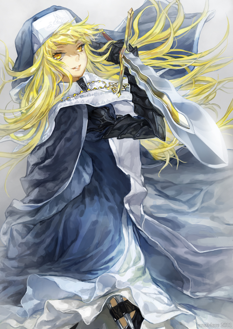 celes_(pixiv_fantasia), ceres_(pixiv_fantasia), gargadia_empire, habit, holster, janemere, jewelry, knife, long_hair, necklace, nun, pixiv_fantasia, pixiv_fantasia_5, solo, sword, thigh_holster, weapon, yellow_eyes