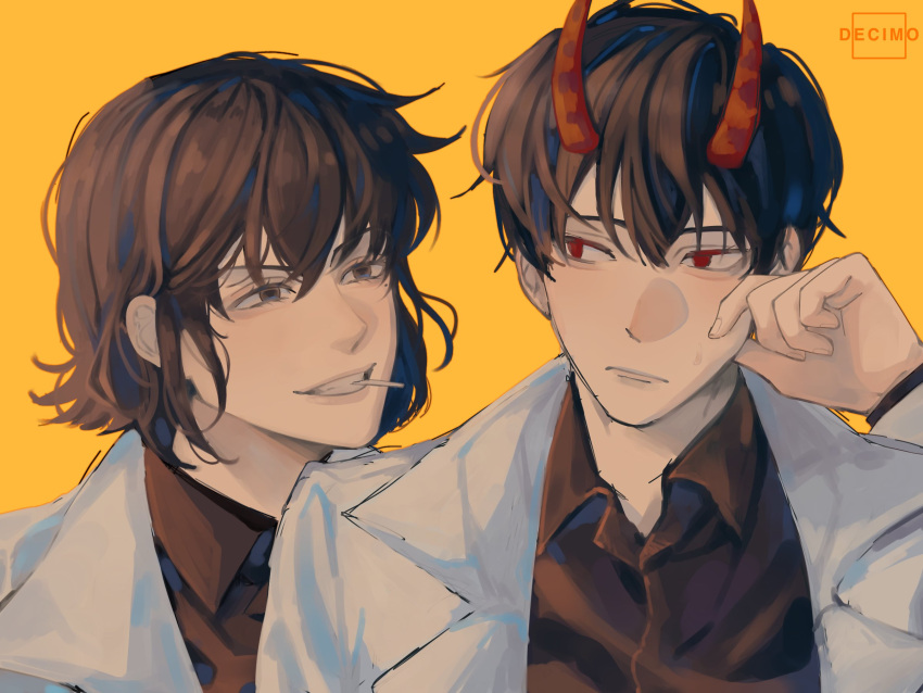 1boy, 1girl, artist_name, black_eyes, black_hair, black_shirt, coat, collared_shirt, han_sooyoung, hand_on_own_face, highres, horns, kim_dokja, nadardoh, omniscient_reader's_viewpoint, red_eyes, red_horns, shirt, short_hair, simple_background, smile, very_short_hair, white_coat, yellow_background