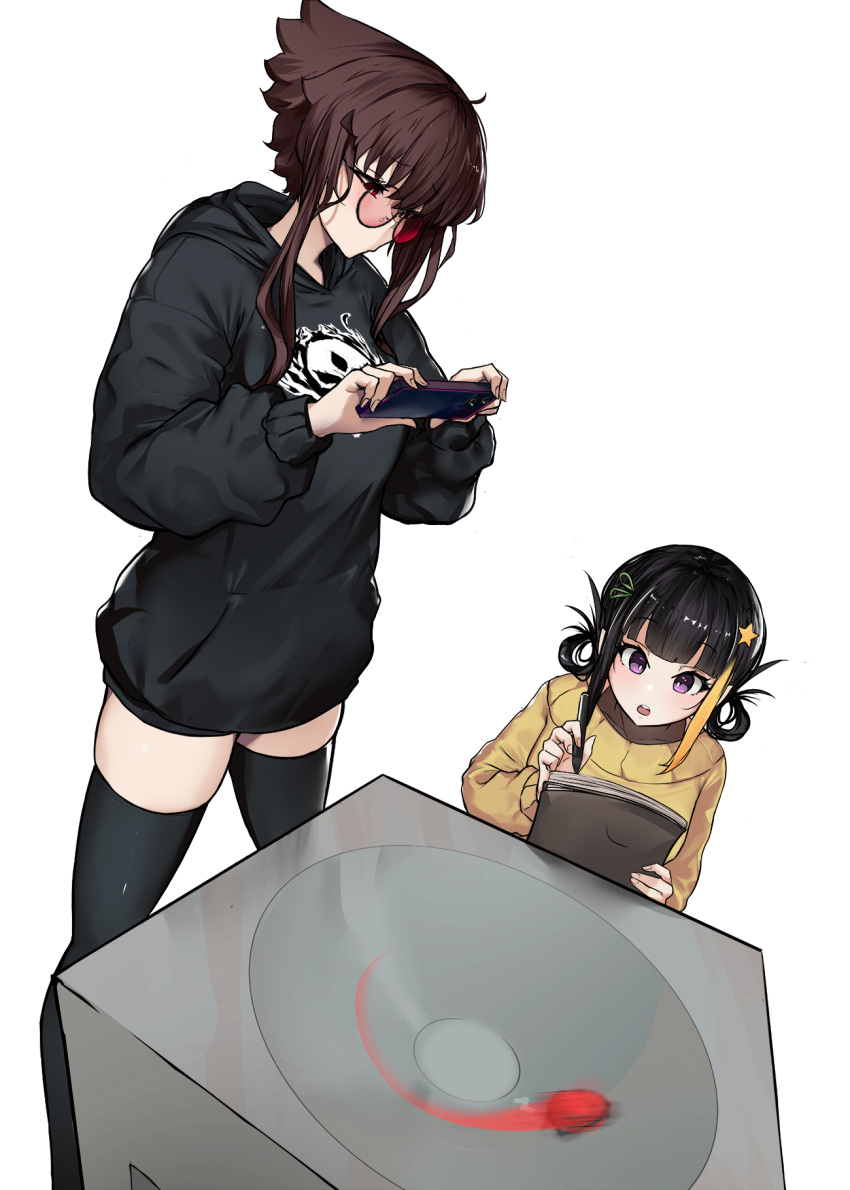 2girls, beyblade_(object), black_hair, black_hoodie, black_thighhighs, blonde_hair, breasts, brown_hair
