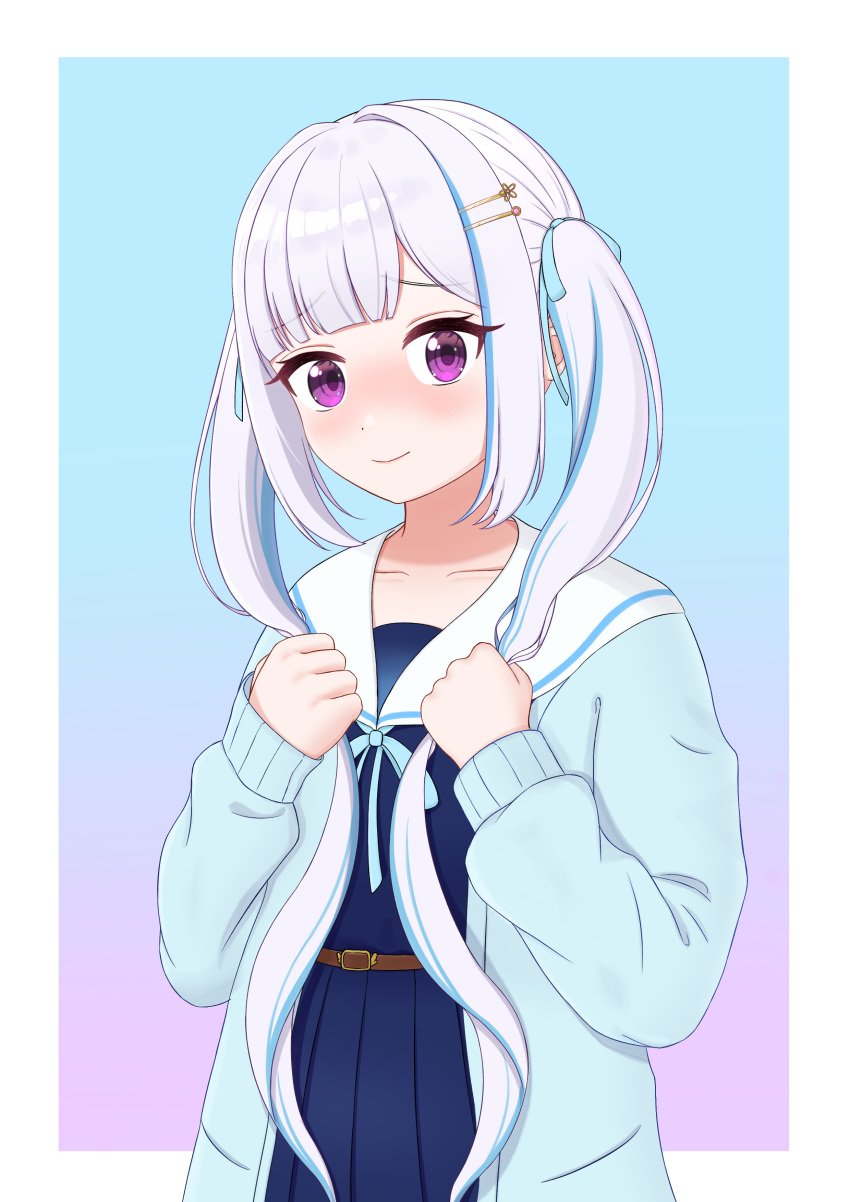 1girl, absurdres, aqua_cardigan, blue_ribbon, blue_serafuku, blunt_bangs, blush, border