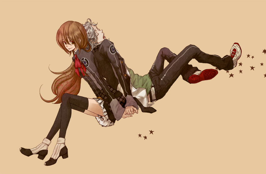 bad_id, dutch_angle, hakase123, hand_holding, holding_hands, nanami_kanata, simple_background, sitting