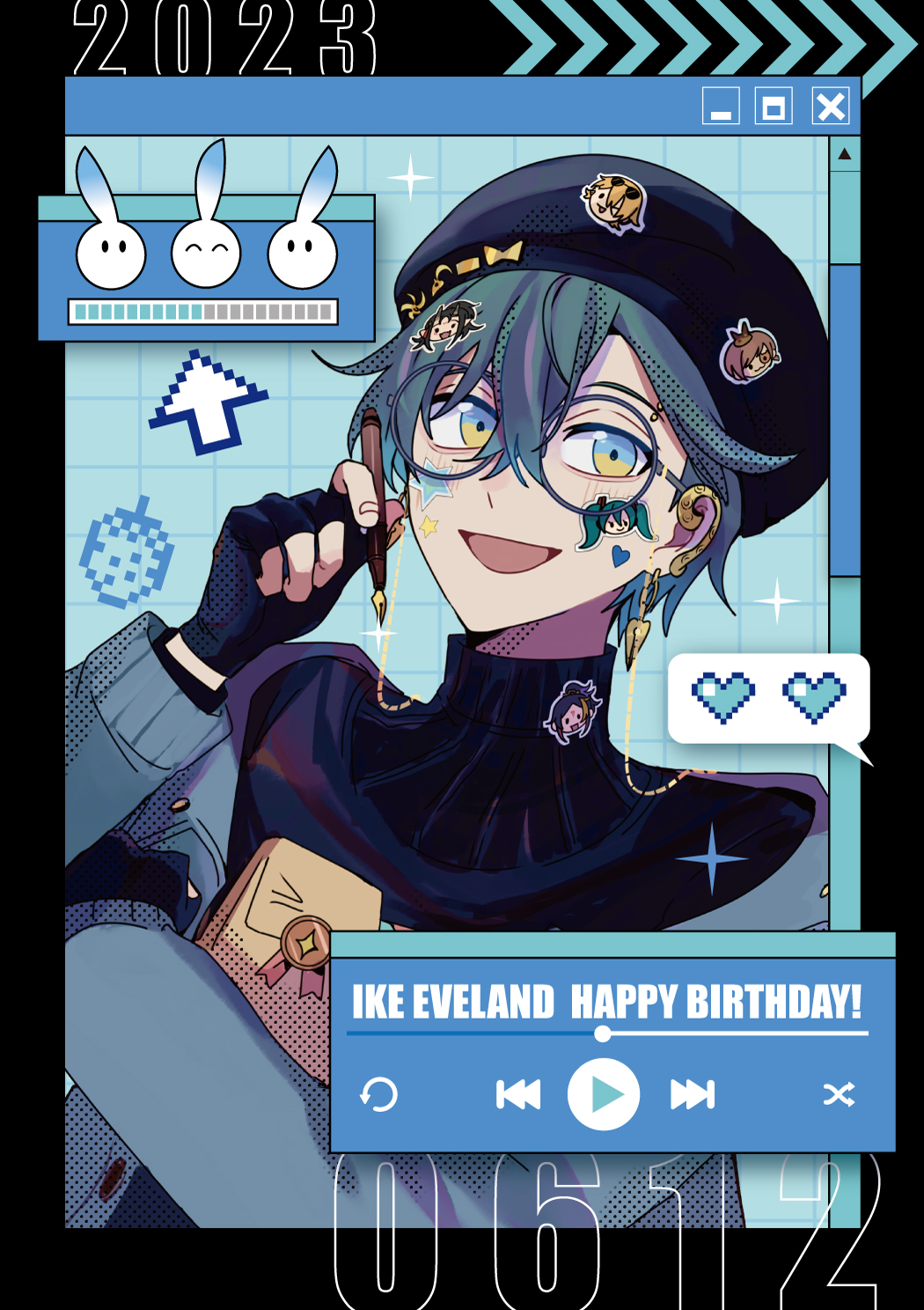 1boy, 2023, beret, black_border, black_gloves, black_sweater, blue_eyes, border