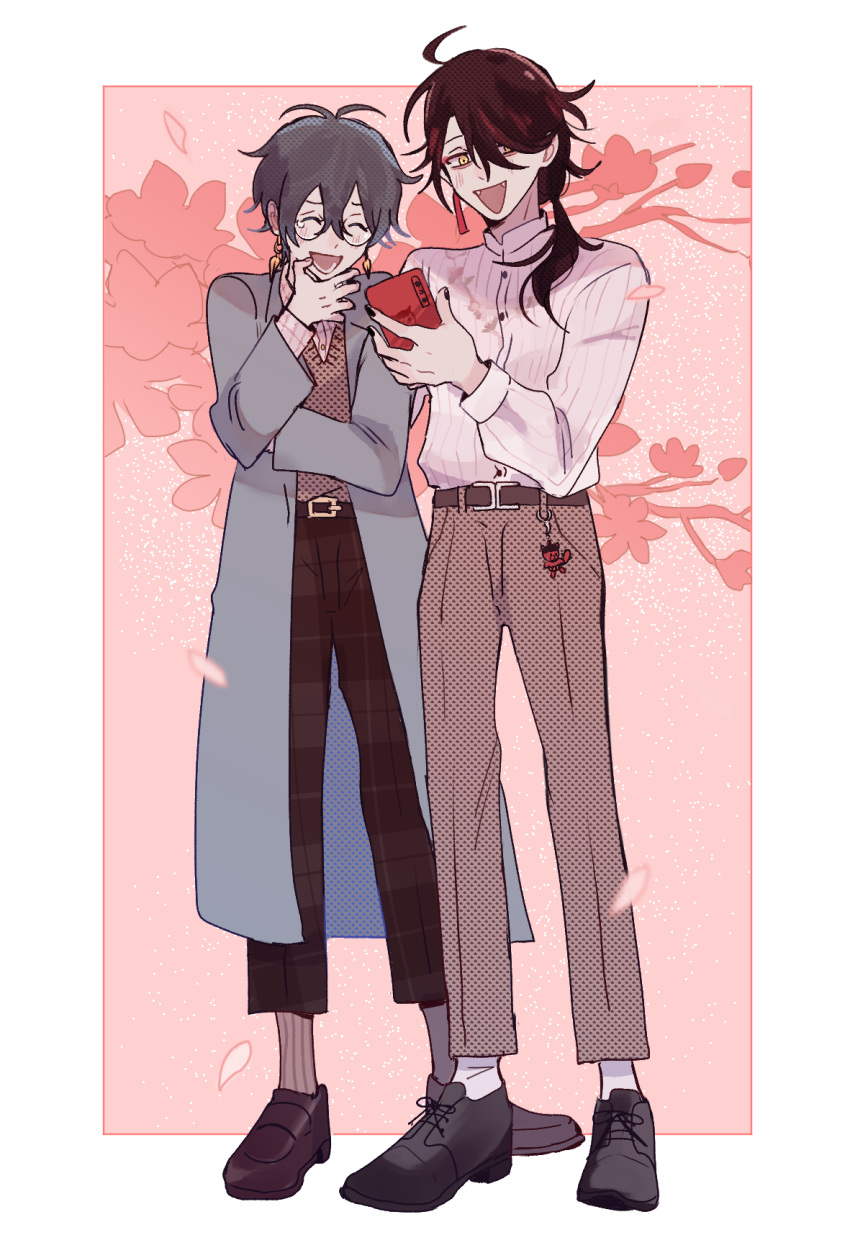 2boys, belt, black_hair, black_nails, black_pants, black_shoes, blue_coat, border, brown_belt, brown_pants, brown_shoes, bug_bbb, cherry_blossoms, closed_eyes, coat, earrings, fangs, food, full_body, glasses, grey_hair, hair_between_eyes, hair_over_one_eye, highres, jewelry, laughing, long_sleeves, low_ponytail, lower_teeth_only, male_focus, multicolored_hair, multiple_boys, nijisanji, nijisanji_en, onigiri, open_mouth, outside_border, pants, pink_background, plaid_clothes, plaid_pants, ponytail, red_hair, shirt, shoes, single_earring, smile, socks, standing, streaked_hair, sweater_vest, tearing_up, teeth, virtual_youtuber, white_border, white_shirt, white_socks, yellow_eyes