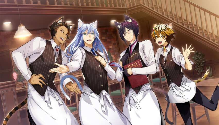 4boys, animal_ear_fluff, animal_ears, apron, bell, black_choker, black_gloves, black_pants