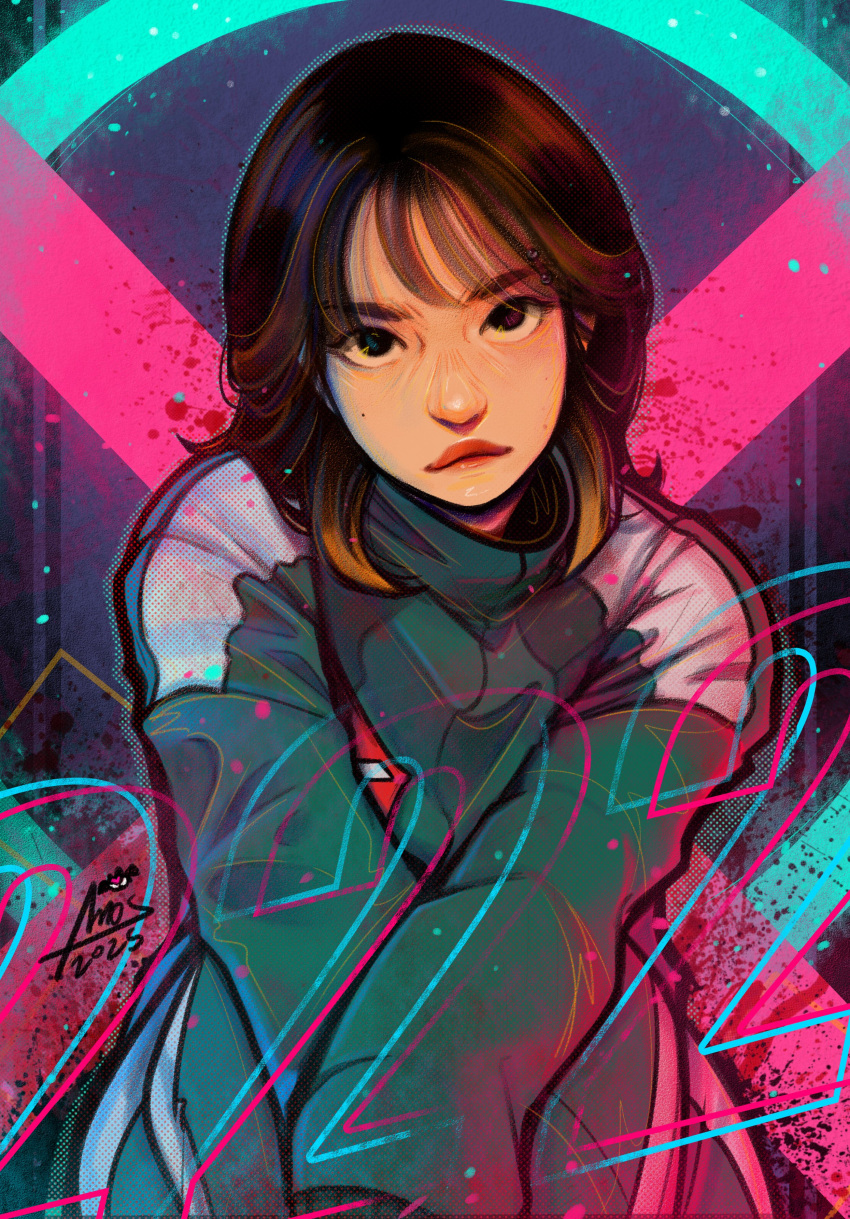 1girl, absurdres, amos_the_fanboy, artist_name, black_eyes, brown_hair, closed_mouth, commentary